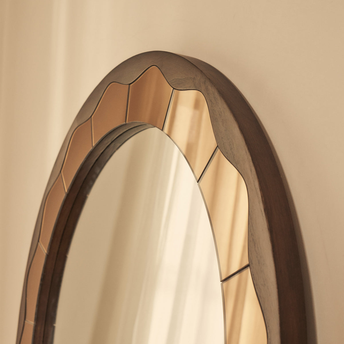 Mirella - Dark Wood Arched Wooden Overmantle Mirror 120cm x 100cm