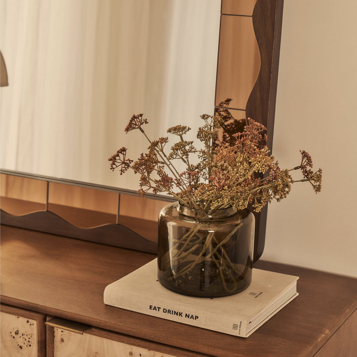 Mirella - Dark Wood Arched Wooden Overmantle Mirror 120cm x 100cm