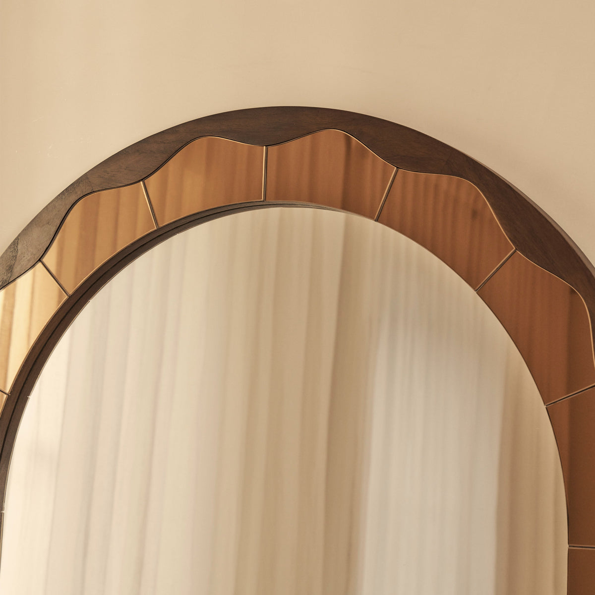 Mirella - Dark Wood Arched Wooden Overmantle Mirror 120cm x 100cm