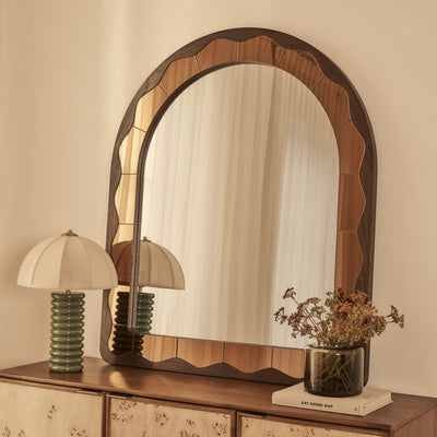 Mirella - Dark Wood Arched Wooden Overmantle Mirror 120cm x 100cm