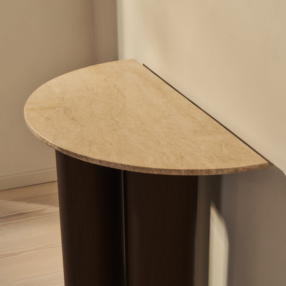 Trivium - Beige Travertine Curved Dark Wood Premium Console Table