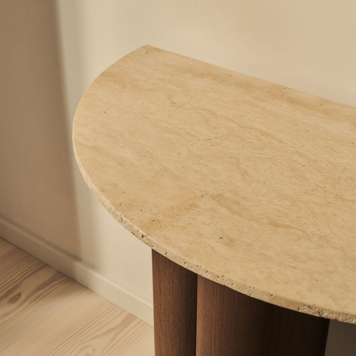 Trivium - Beige Travertine Curved Dark Wood Premium Console Table