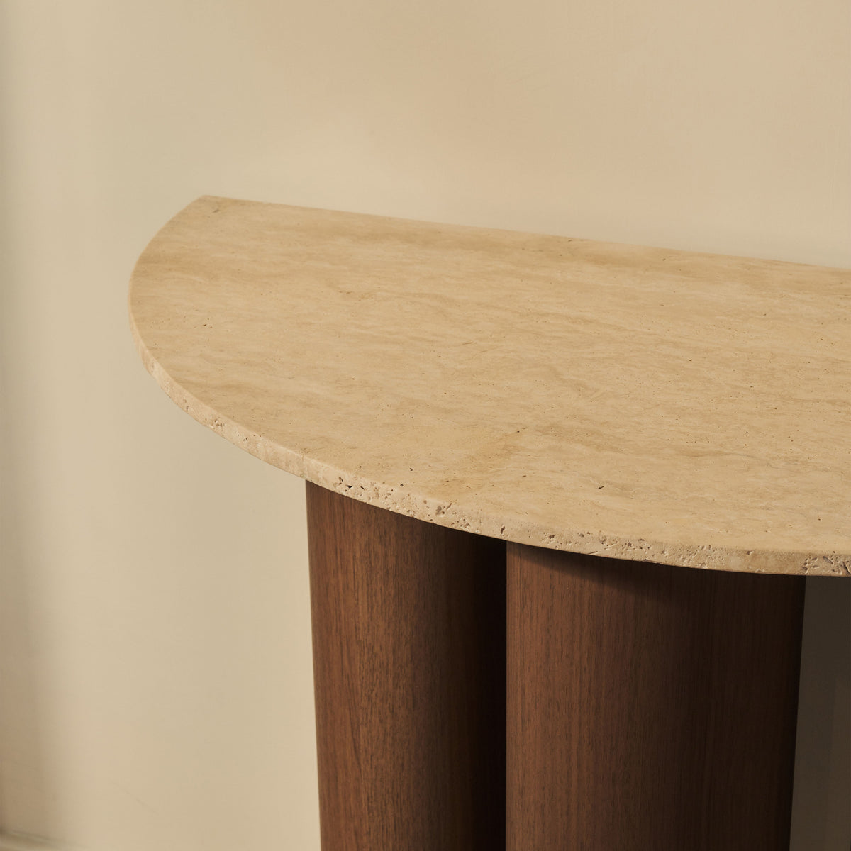 Trivium - Beige Travertine Curved Dark Wood Premium Console Table