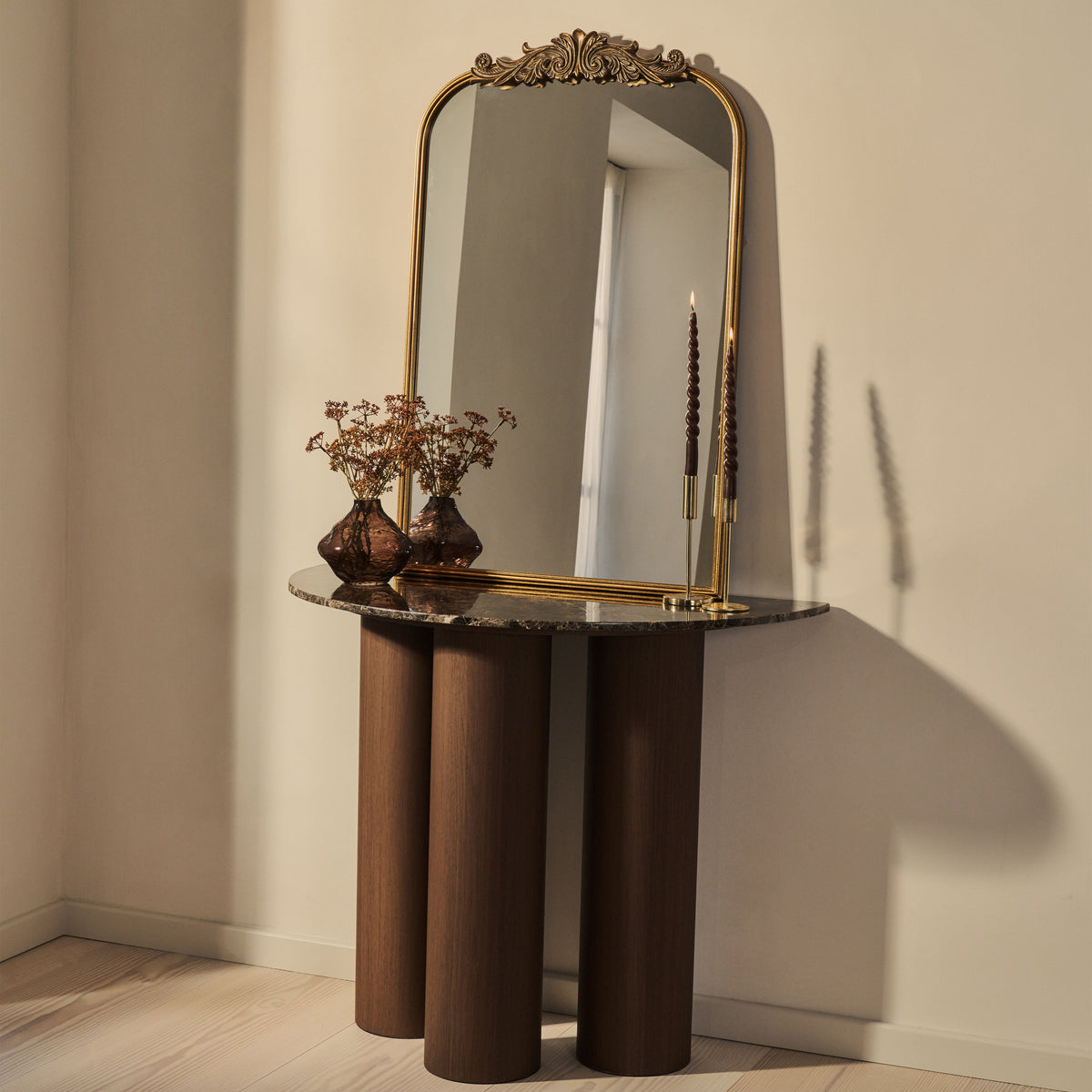 Trivium - Dark Emperador Curved Dark Wood Premium Console Table