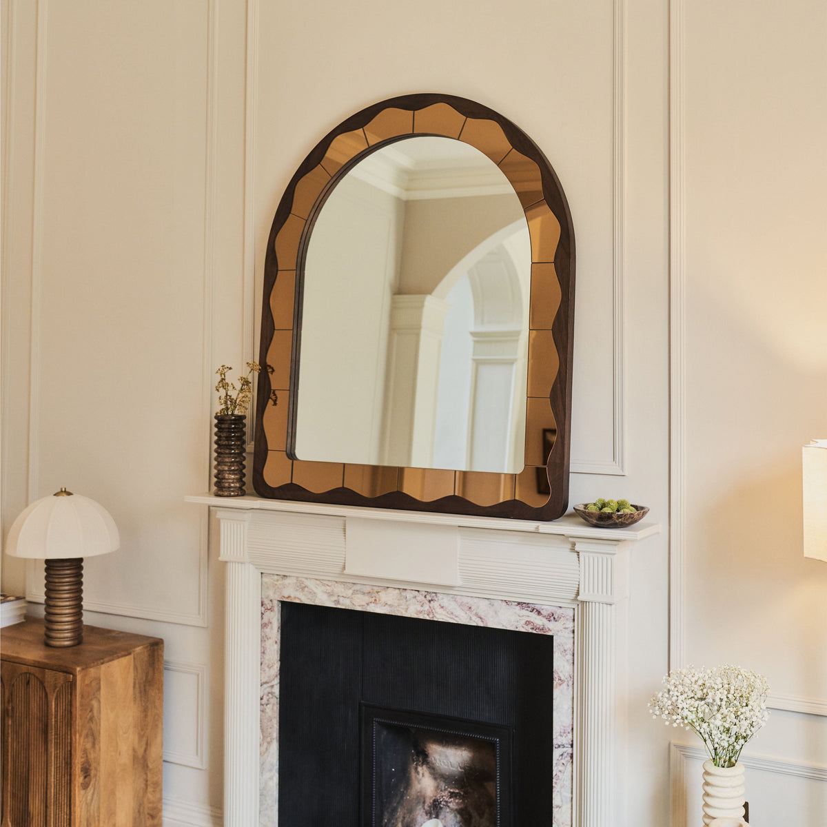 Mirella - Dark Wood Arched Wooden Overmantle Mirror 120cm x 100cm
