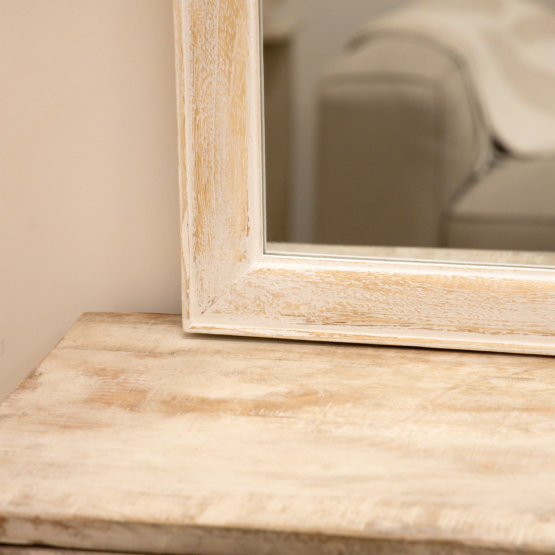 White Washed Wood Arched Overmantle Mirror corner