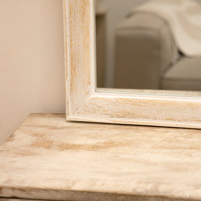 White Washed Wood Arched Overmantle Mirror corner