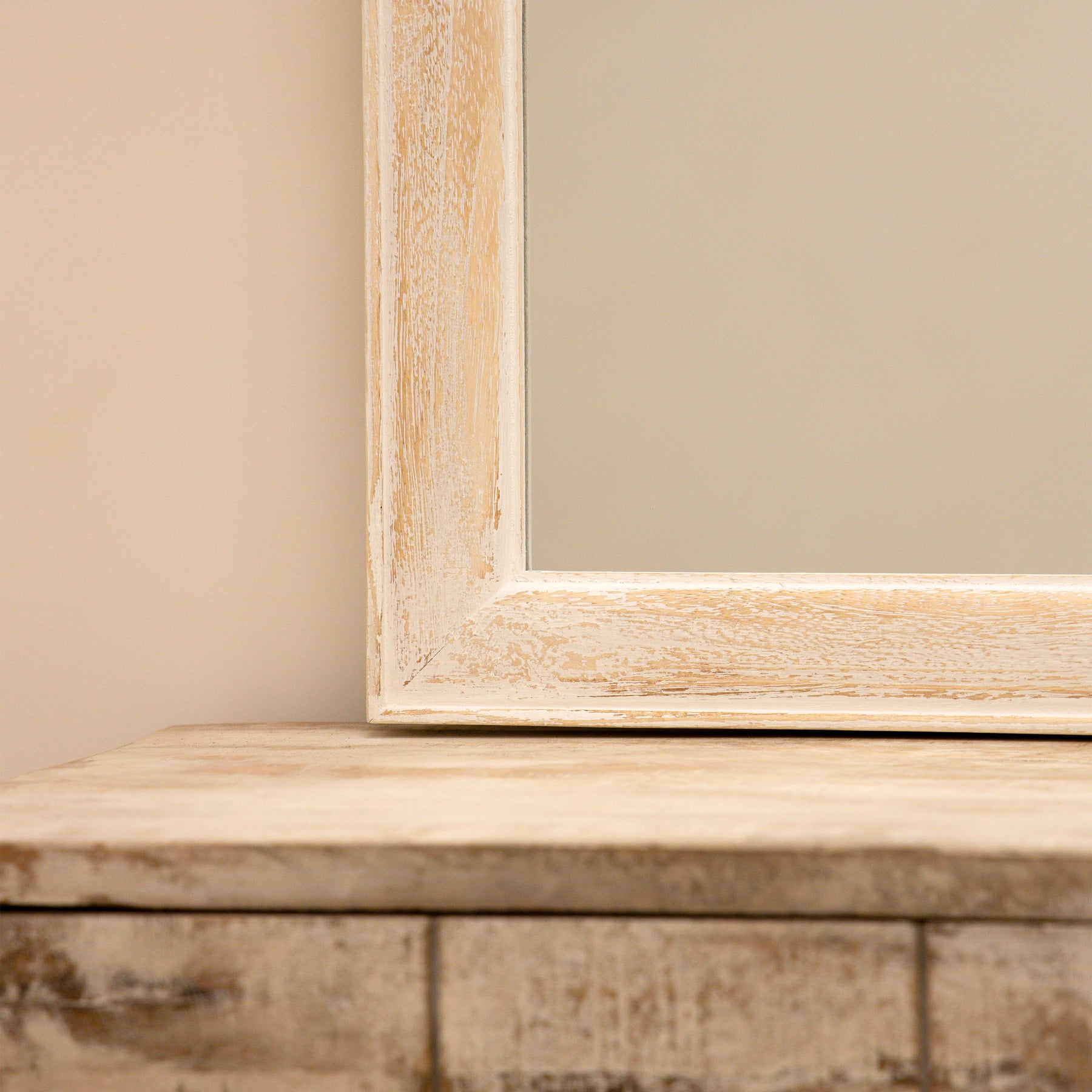 White Washed Wood Arched Overmantle Mirror alternate corner