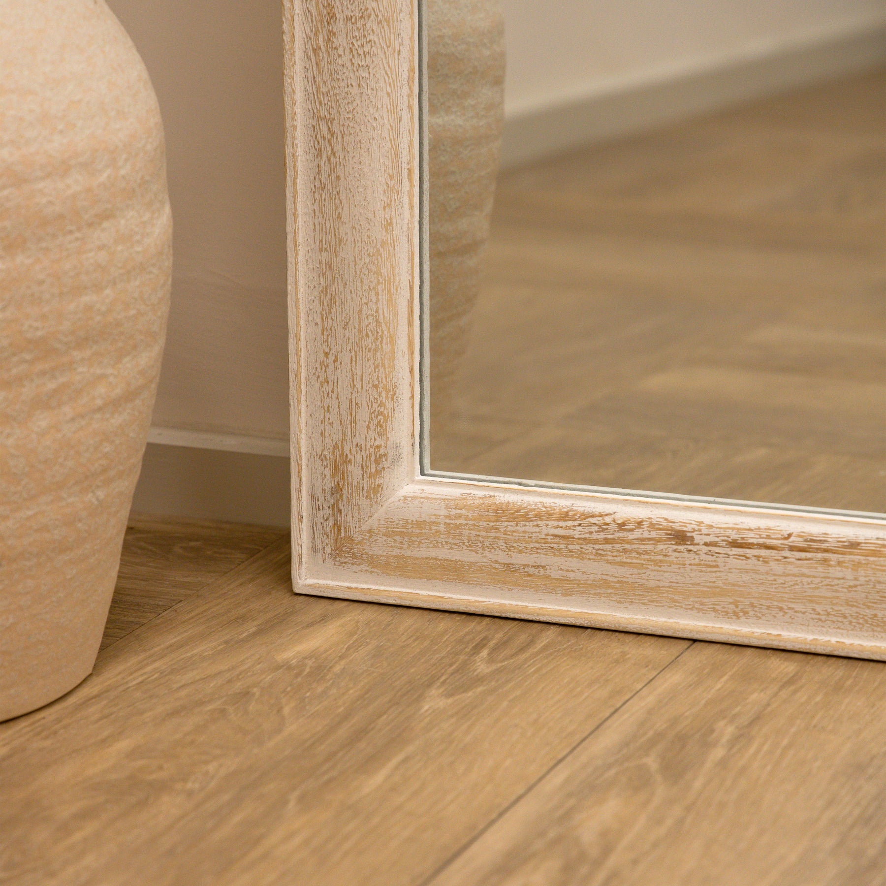 Full Length White Washed Wood Arched Mirror detail shot of corner