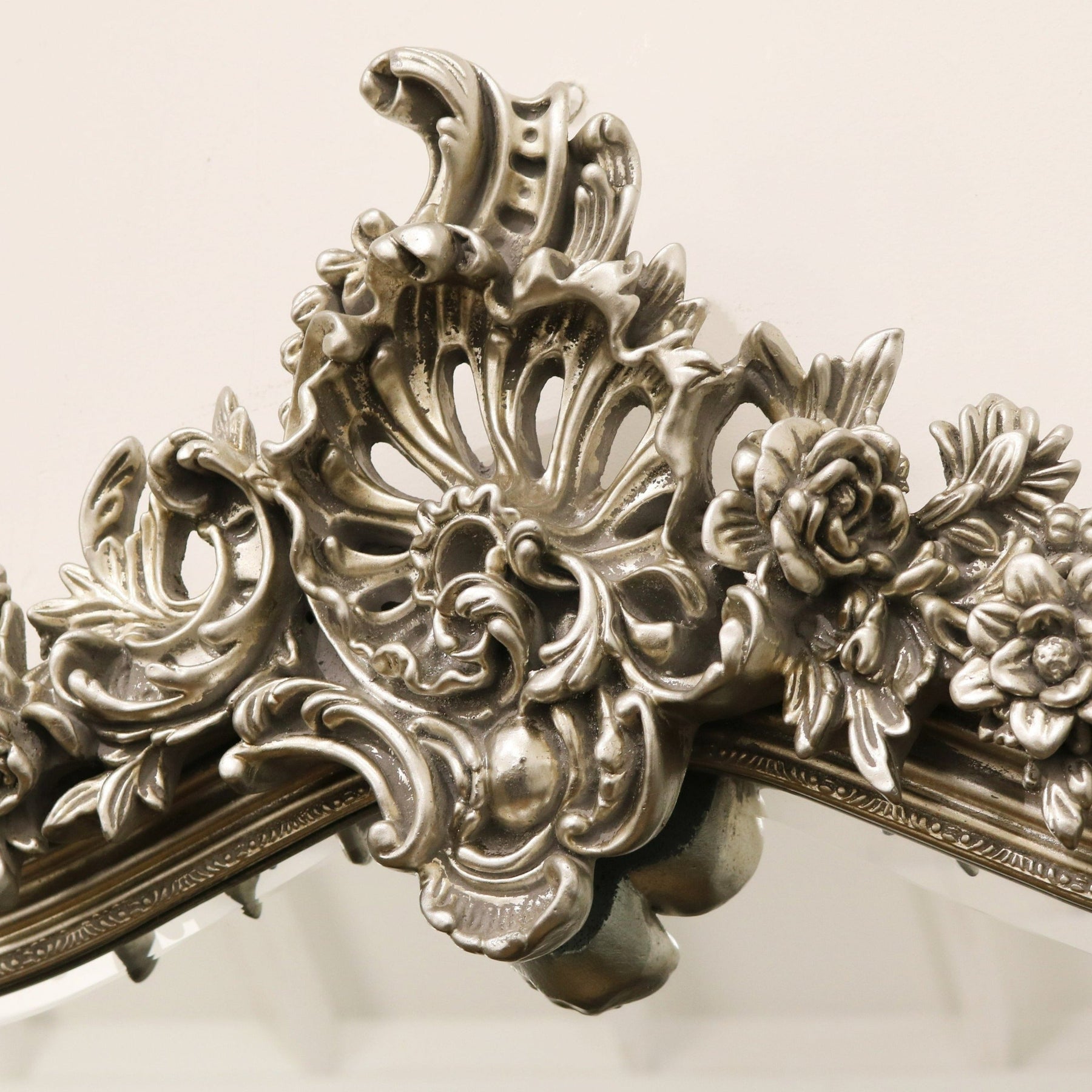 Silver Arched Ornate Overmantle Wall Mirror detail shot of floral crest